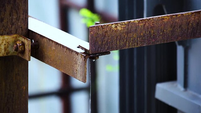 Rusted steel beam with rainwater dripping after rainfall. Ideal for construction, engineering, infrastructure, corrosion, industrial maintenance, weather and manufacturing projects.