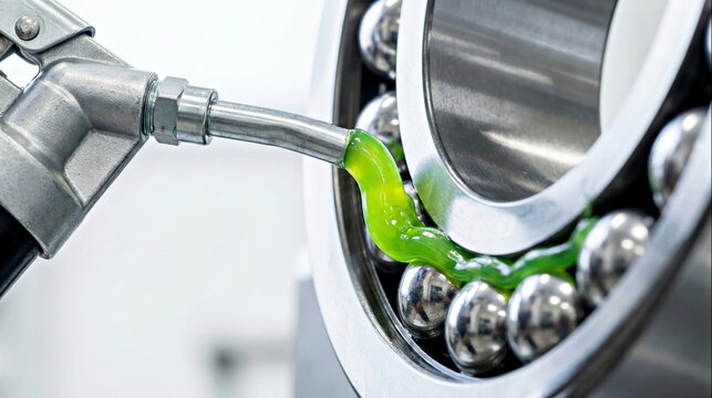 Ball bearing greasing with green lubricant in industrial setting, essential for machinery maintenance and efficiency.