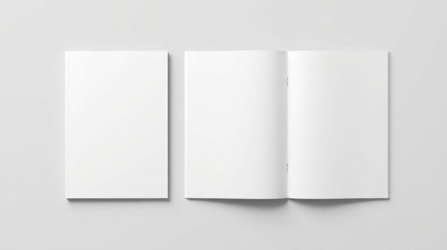 Blank booklet or magazine mockup featuring a closed front cover next to an open center spread with white paper pages for editorial layout design and portfolio branding presentations.