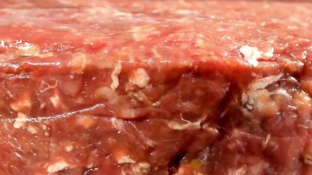 Macro view of raw fresh ground beef patty texture