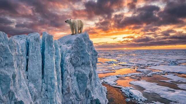 Polar bear standing on an ice cliff at sunset in the Arctic with dramatic clouds and sea ice