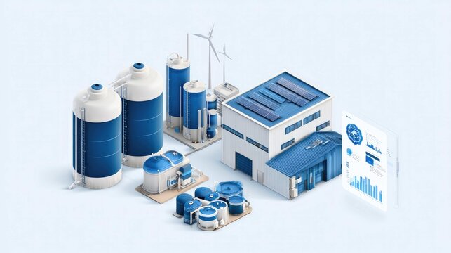 Modern Industrial Facility with Tanks, Wind Turbine, and Solar Panels Illustrating Sustainable Energy Solutions
