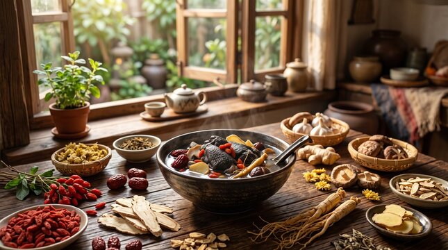 Black chicken herbal soup bowl surrounded by various raw traditional herbs and spices on a wooden table