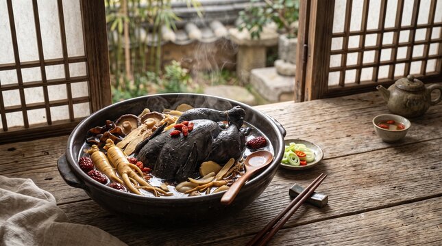 Black chicken ginseng soup simmering in a clay pot on a wooden table near a traditional window