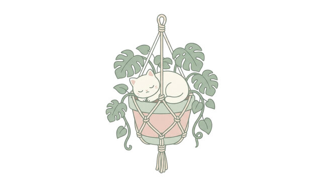 Adorable feline napping in a suspended planter embraced by vibrant green foliage