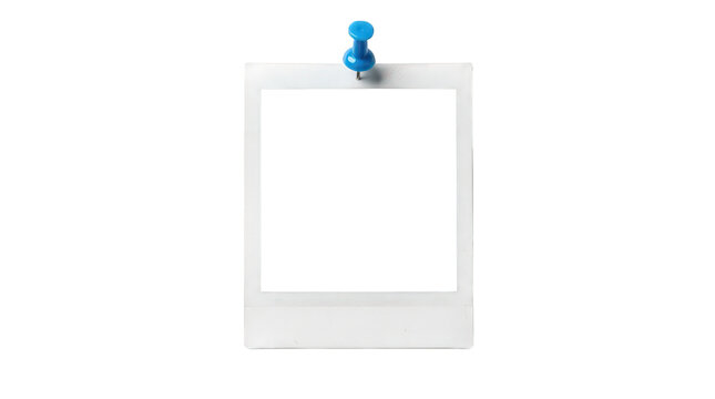Vintage instant photo frame with blue push pin, blank polaroid film mockup for photography, retro white paper border for memory isolated on Transparent Background