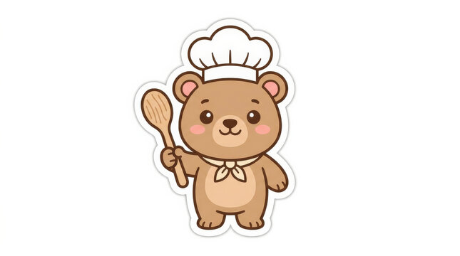Adorable cartoon bear chef joyfully holding a wooden spoon in a playful and imaginative kitchen environment