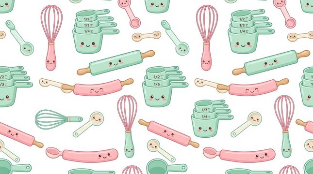 Charming and vibrant pattern of baking tools showcasing measuring cups whisks and rolling pins for a delightful kitchen atmosphere