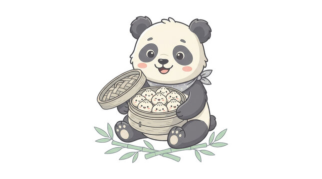 Adorable panda character joyfully holding a bamboo steamer filled with delicious dumplings in a whimsical illustration