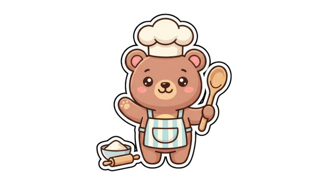 Adorable cartoon bear chef holding a spoon and rolling pin ideal for children's cooking themes and playful illustrations