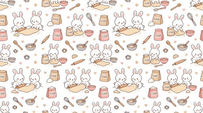 Charming bunny design showcasing delightful rabbits engaged in baking and cooking within a playful kitchen environment