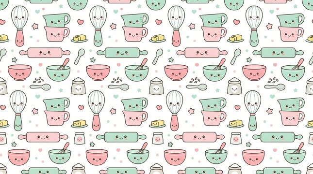 Cute and colorful kitchen utensils pattern with smiling faces and pastel colors for fun cooking designs