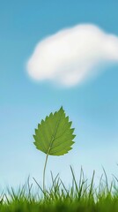 Obraz premium Minimalist green leaf in grass, soft sky cloud, mobile wallpaper