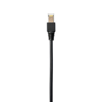close-up of black computer data cable with USB connector isolated on white background