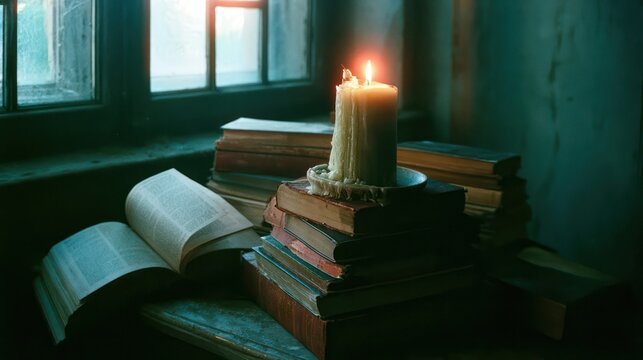 Cozy candlelit books by a window in a moody study