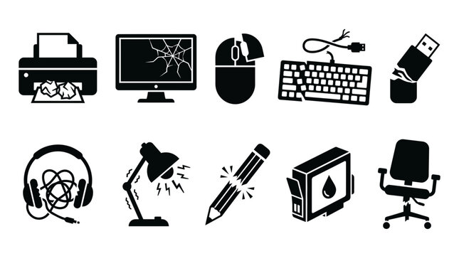 Broken computer peripherals and damaged office equipment icon set illustrating technical failures and hardware malfunctions