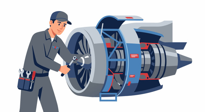 Aircraft mechanic repairing a jet turbine engine flat vector illustration isolated on white background