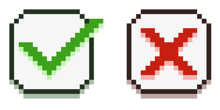 checkbox buttons pixel art with check mark (yes, true, correct answer) and cross (no, false, wrong answer) vector icons