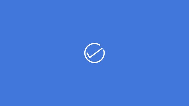 Approval check mark icon animation for confirmation status. Blue check mark approval icon for success and verified state. Check mark status indicator for approval workflow. Tick mark, check icon.