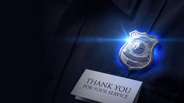 A conceptual close-up of a police officer uniform featuring a shining metallic shield badge and a respectful thank you for your service card