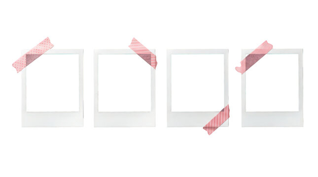 Vintage instant photo frames with pink washi tape, set of four blank polaroid style film borders, nostalgic memory scrapbook elements isolated on Transparent Background