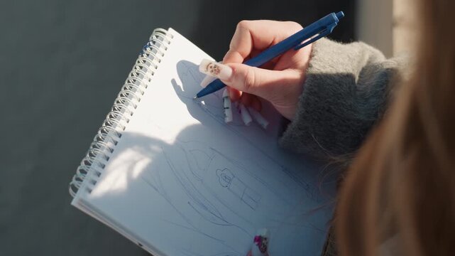 Creative process captured during outdoor drawing session. Sketching concept with shadow and detailed pen work outside. Artist working on architectural ideas with shadow contrast in cozy outdoor studio