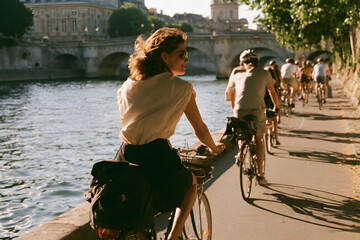 Fototapeta premium Scenic Bike Tour Along the Seine River Featuring Cyclists Enjoying the Beautiful City of Paris