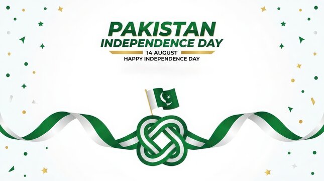 Elegant pakistan independence day celebration background featuring a green ribbon knot and national flag on a clean white backdrop design