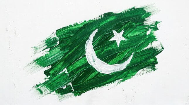 A hand painted artistic representation of the national flag of pakistan featuring a white crescent and star on green