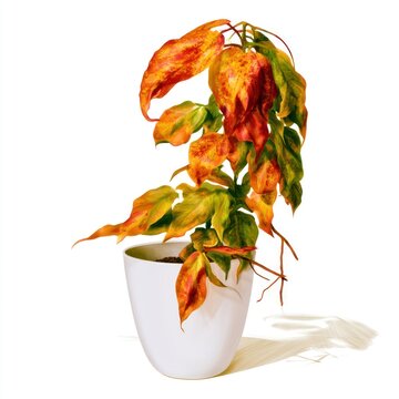 Colorful potted houseplant with wilted autumn leaves on white