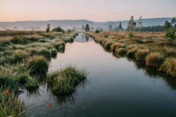 Obraz premium A calm river flowing through a misty wetland landscape with tall grasses and distant hills during the soft light of an early morning sunrise