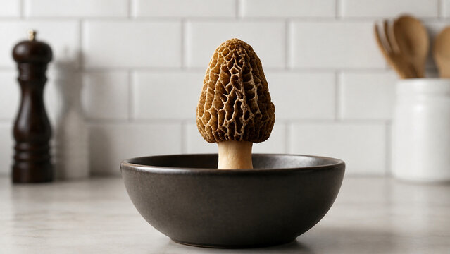 Morel mushroom in a dark bowl on a kitchen counter