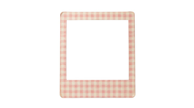 Vintage instant photo frame with pink gingham pattern, retro polaroid style border, blank photographic card mockup isolated on Transparent Background