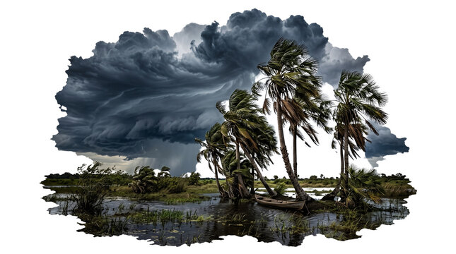 Dramatic tropical hurricane storm, dark cyclone clouds over palm trees, extreme weather and natural disaster concept on white background