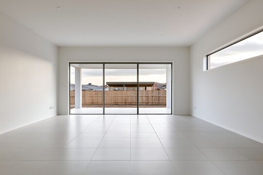 Empty modern living room interior with large sliding glass doors and tiled floor