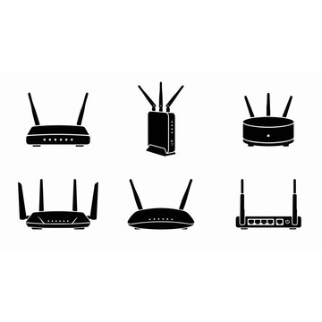 A set of six various wireless router silhouette vector icon illustration on a white background
