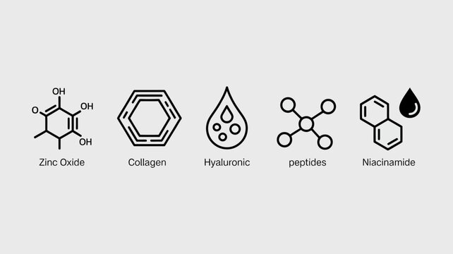 Set of scientific icons representing chemical structures and ingredients like zinc oxide and collagen.