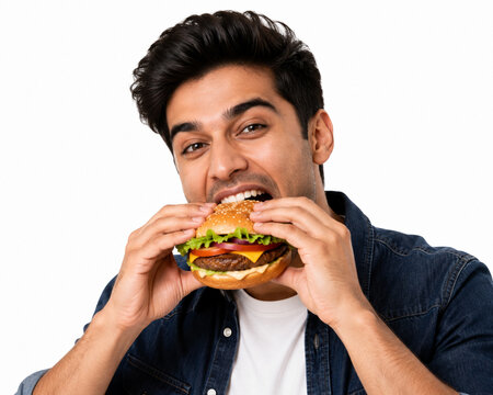 man eating hamburger