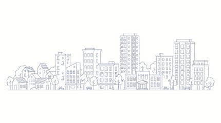 Obraz premium Urban Landscape Vector Line Art Panorama with Buildings and Trees