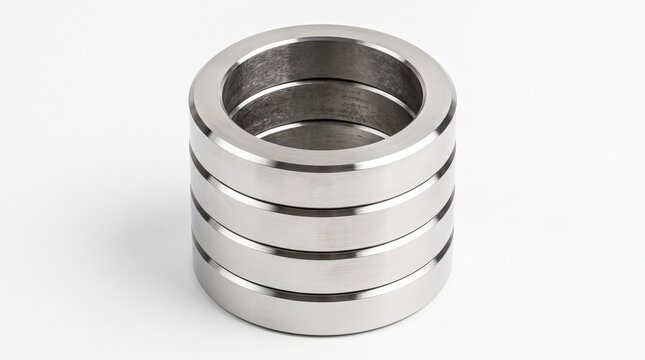 Stacked silver metal rings isolated on white background for industrial design and engineering use