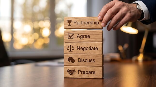 A hand places a wooden block labeled 'Partnership' on a stack representing the steps of preparation, discussion, negotiation, and agreement in a business context.