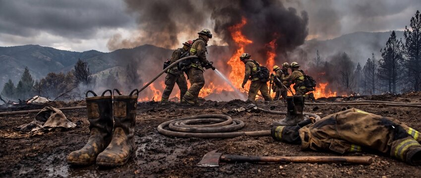 Firefighter battling wildfire among debris in gritty smoky landscape setting