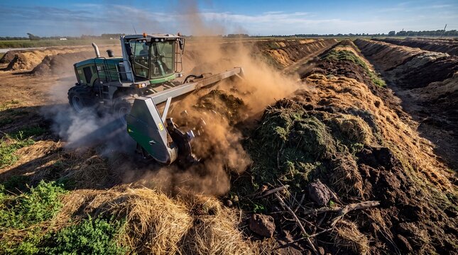 Agricultural windrow turner processing vast compost piles in intense daylight setting