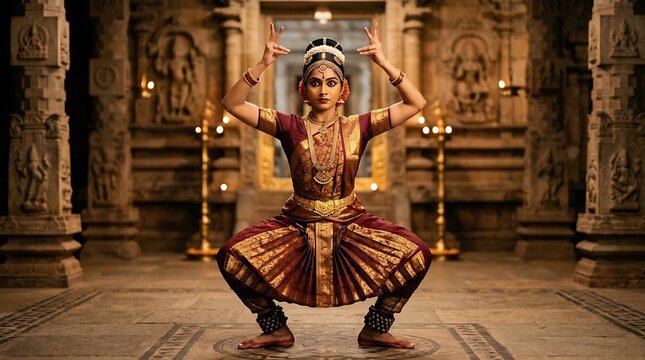 Bharatanatyam dancer in traditional attire performing in a temple
