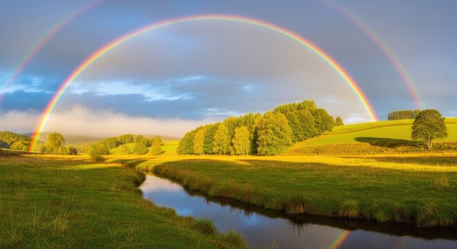 Vibrant double rainbow arcing over green landscape and river under cloudy sky