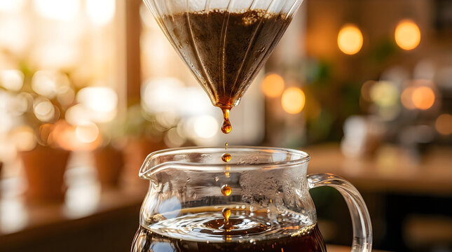 Pour Over Coffee Dripping Through Filter Into Carafe

