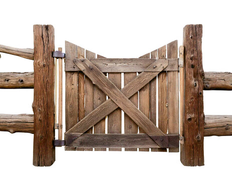 Selective focus wooden log fence gate isolated on transparent or white background