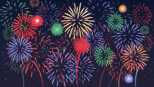 colorful animated fireworks exploding in night sky