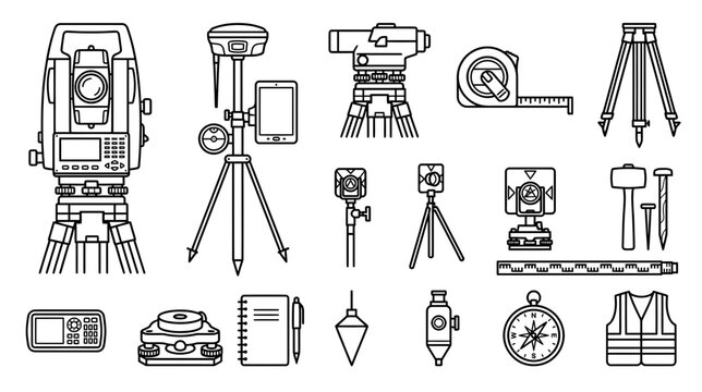 Surveying Equipment Collection Isolated Line Art Icons
