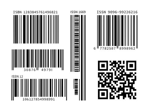 Barcode and QR code set, retail ISBN and ISSN identification symbols, black digital scanning labels for product packaging